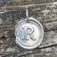 Load image into Gallery viewer, Waxing Poetic Round Initial Silver Charm Letter R

