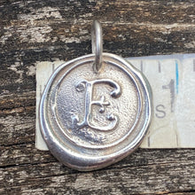 Load image into Gallery viewer, Waxing Poetic Round Initial Silver Charm Letter E

