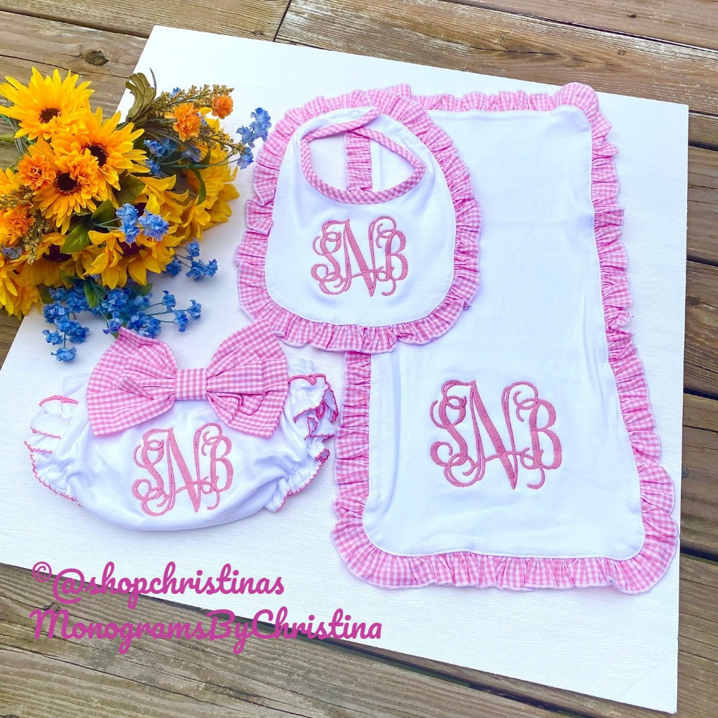 Pink Gingham Ruffle Burp Cloth, Bib & Bow Diaper Cover (Set) | Free Shipping