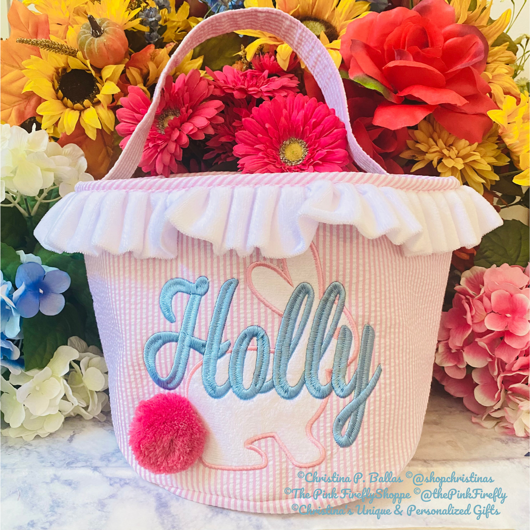 Seersucker Easter Basket Pink with Bunny and Pom Pom Tail Personalized | FREE Shipping | All Sales Final