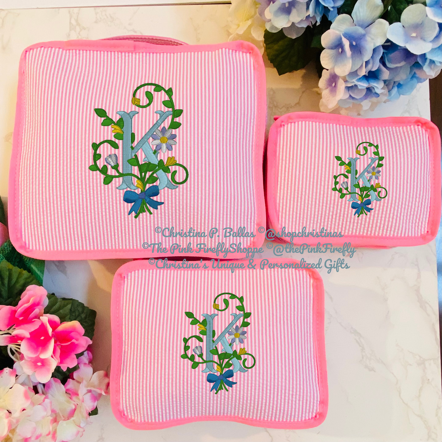 Personalized Packing Cubes Set of 3 | Monogram Travel Set | Embroidered Suitcase Cubes | Daisy Bloom Initial | FREE Shipping | All Sales Final