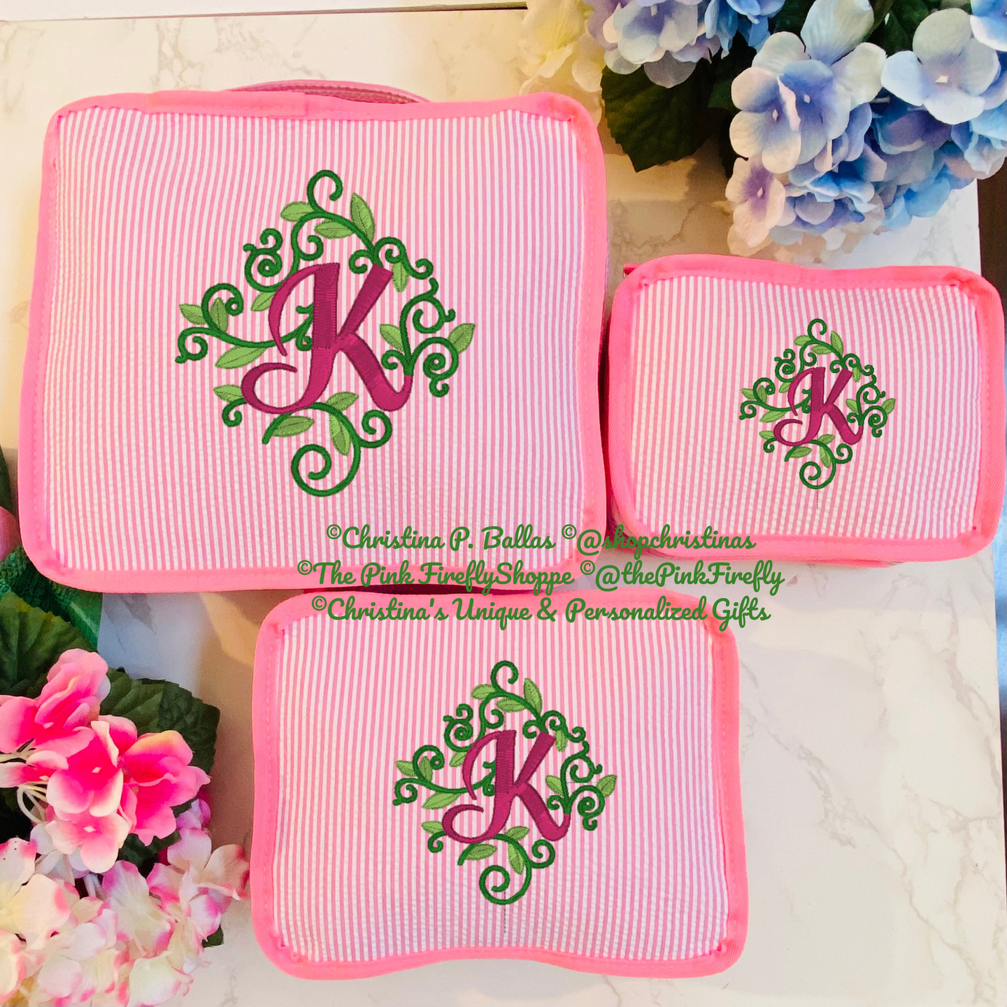 Personalized Packing Cubes Set of 3 | Monogram Travel Set | Embroidered Suitcase Cubes | Diamond Floral Initial | FREE Shipping | All Sales Final