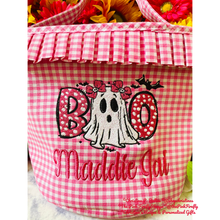 Load image into Gallery viewer, Pink checkered bucket with ghost and 'BOO' design, personalized with a name, on a floral background.
