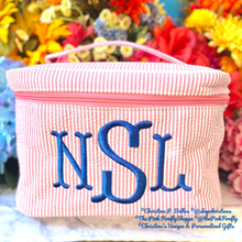 Load image into Gallery viewer, Seersucker Train Case Personalized Pink or Navy | Free Shipping
