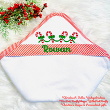 Load image into Gallery viewer, Red Embroidered Seersucker Kid&#39;s Hooded Bath Towel | Christmas Hooded Bath Towel | Candy Cane Bath Towel | FREE Shipping
