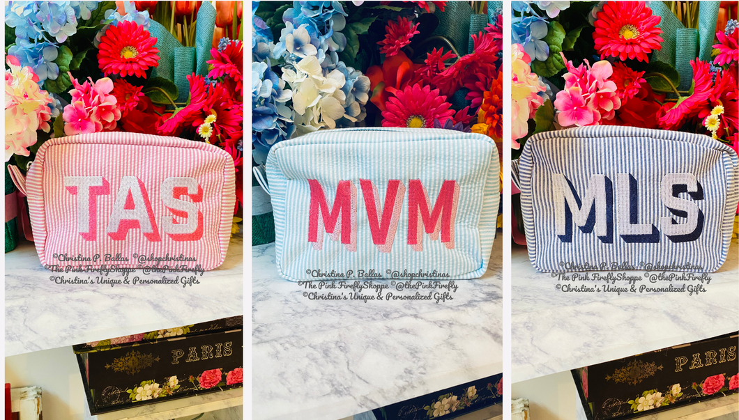 Seersucker Cosmetic Case Personalized in Shadow Block Lettering | Free Shipping