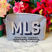 Load image into Gallery viewer, Seersucker Cosmetic Case Personalized in Shadow Block Lettering | Free Shipping
