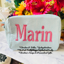 Load image into Gallery viewer, Seersucker Cosmetic Bags Personalized | Free Shipping
