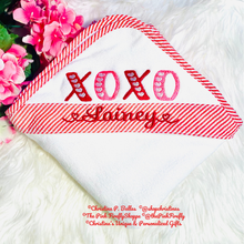 Load image into Gallery viewer, Red Embroidered Valentine&#39;s Seersucker Kid&#39;s Hooded Bath Towel | Valentine&#39;s Hooded Bath Towel | XOXO Bath Towel | FREE Shipping
