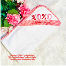 Load image into Gallery viewer, Red Embroidered Valentine&#39;s Seersucker Kid&#39;s Hooded Bath Towel | Valentine&#39;s Hooded Bath Towel | XOXO Bath Towel | FREE Shipping
