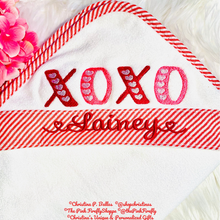 Load image into Gallery viewer, Red Embroidered Valentine&#39;s Seersucker Kid&#39;s Hooded Bath Towel | Valentine&#39;s Hooded Bath Towel | XOXO Bath Towel | FREE Shipping
