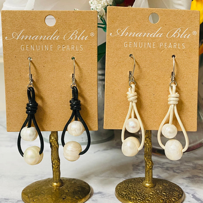 Double Pearl & Leather Earrings Black or White by Amanda Blu (Free Shipping)