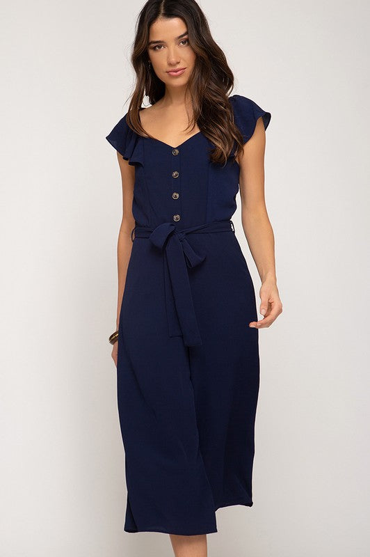 She + Sky Ruffled Cap Sleeve Woven Culotte Jumpsuit w/Waist Sash