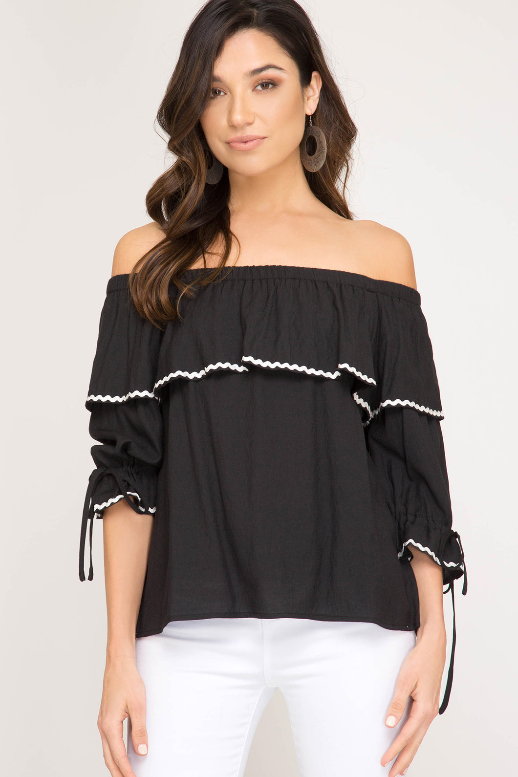 She + Sky 3/4 Sleeve Woven Off The Shoulder Top Black