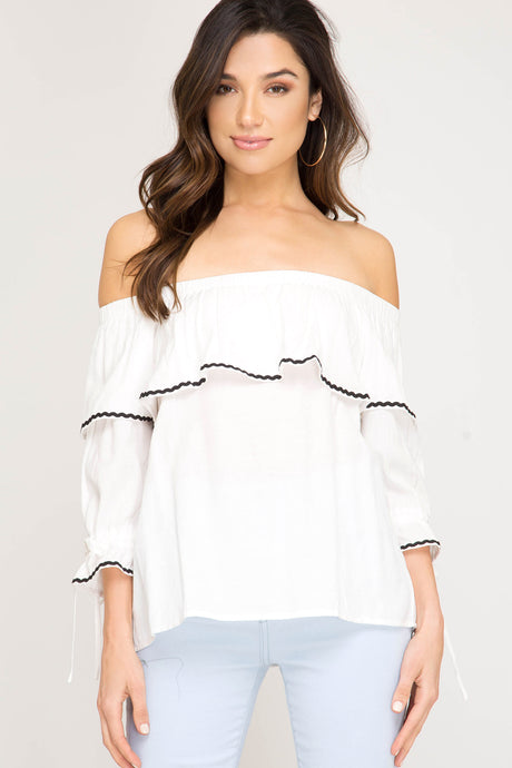 She + Sky 3/4 Sleeve Woven Off The Shoulder Top Off White