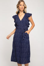 Load image into Gallery viewer, She + Sky Flounce Sleeve Woven Polka Dot Culotte Jumpsuit Navy
