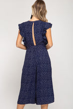Load image into Gallery viewer, She + Sky Flounce Sleeve Woven Polka Dot Culotte Jumpsuit Navy

