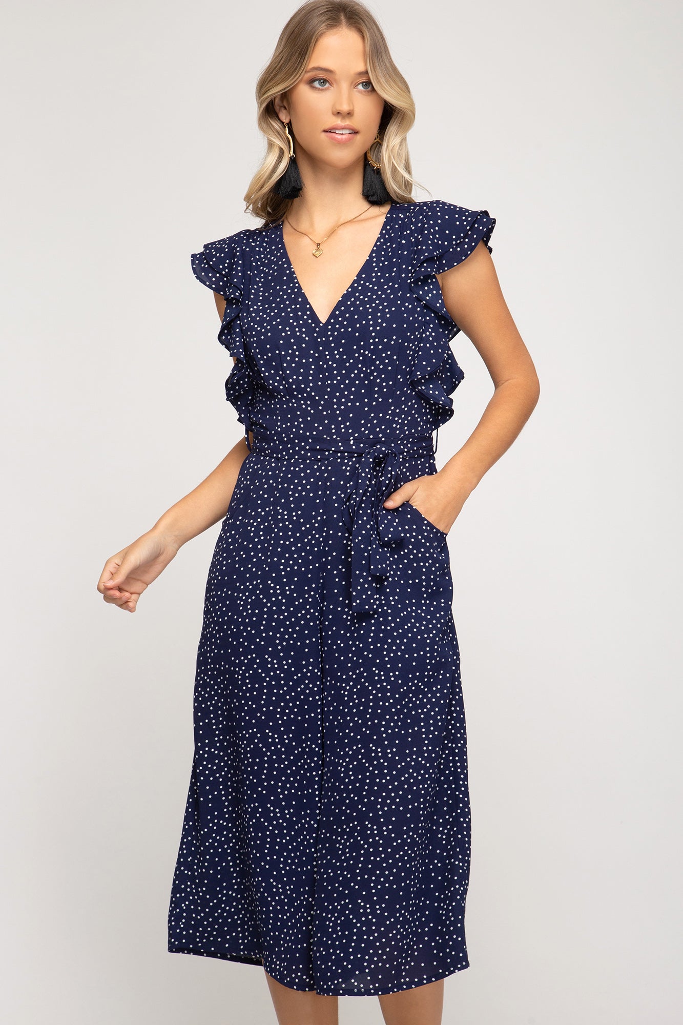 She + Sky Flounce Sleeve Woven Polka Dot Culotte Jumpsuit Navy