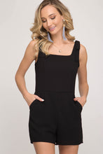 Load image into Gallery viewer, She + Sky Sleeveless Woven Square Neck Romper w/Shoulder Ties &amp; Pockets
