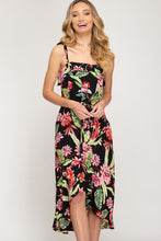 Load image into Gallery viewer, She + Sky Floral Print Hi Lo Dress with Waist Sash &amp; Ruffled Shoulder Straps
