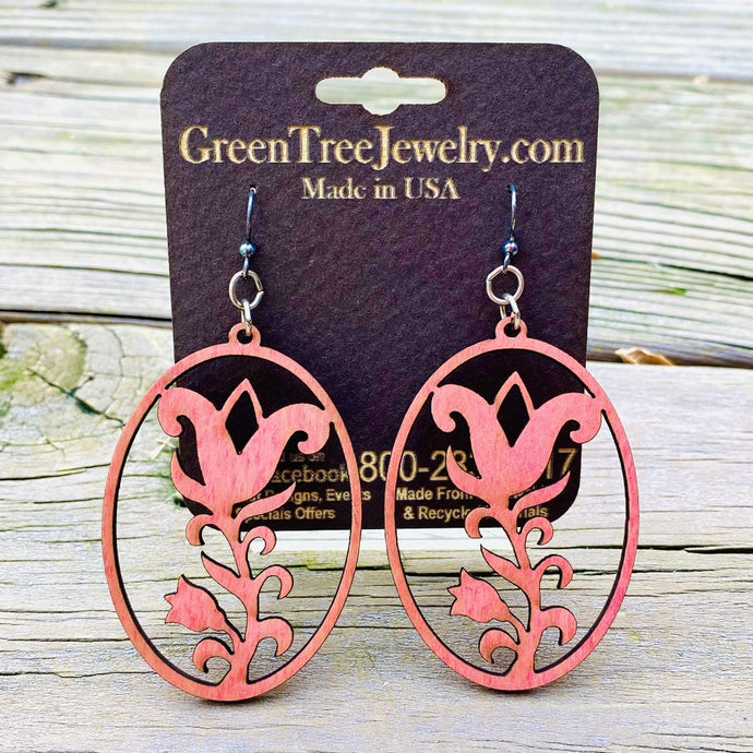 Pink Floral Wood Cut Out Green Tea Jewelry Earrings