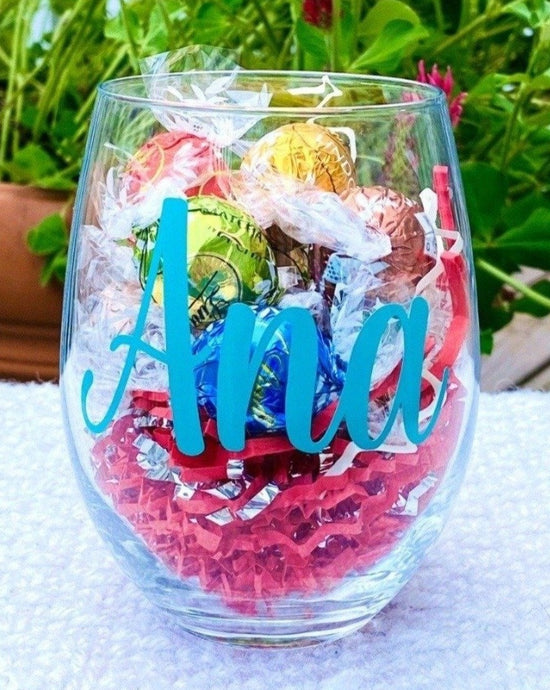 Stemless Wine Glass Personalized with Lindor Chocolates