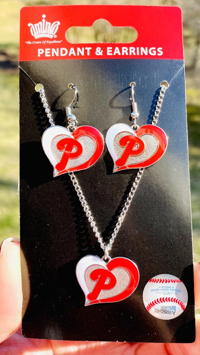 Philadelphia Phillies Swirl Heart Earrings & Necklace Set