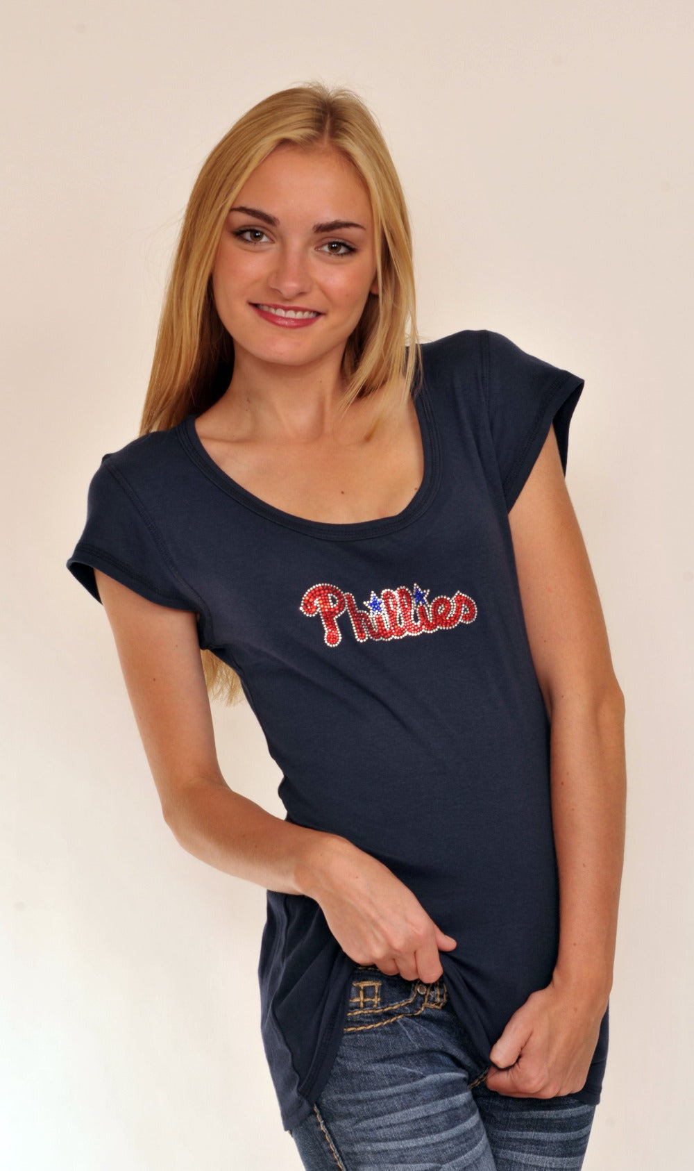 Philadelphia Phillies Scoop Neck Bling Top Navy Blue for Women