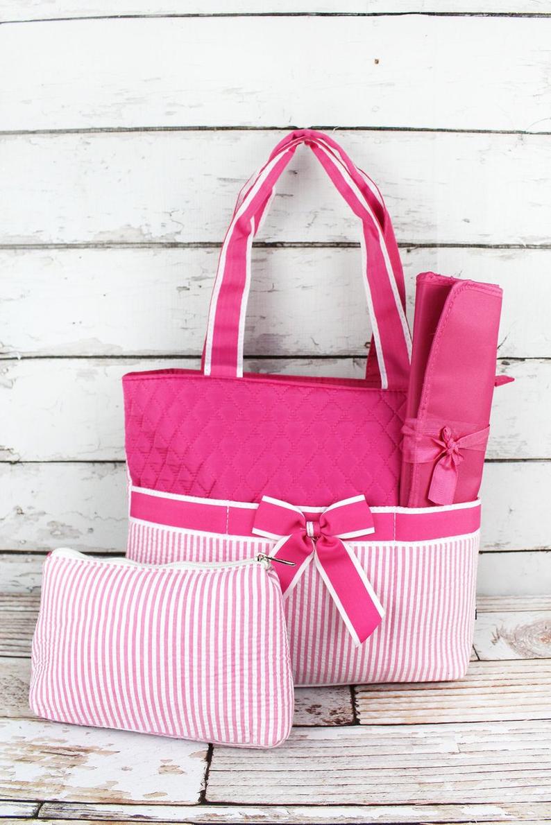 Seersucker Diaper Bag Set with Bow with Monogram
