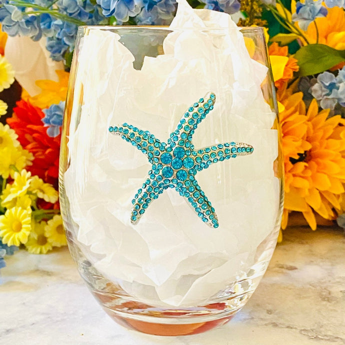 Blue Starfish Crystal Stemless Wine Glass