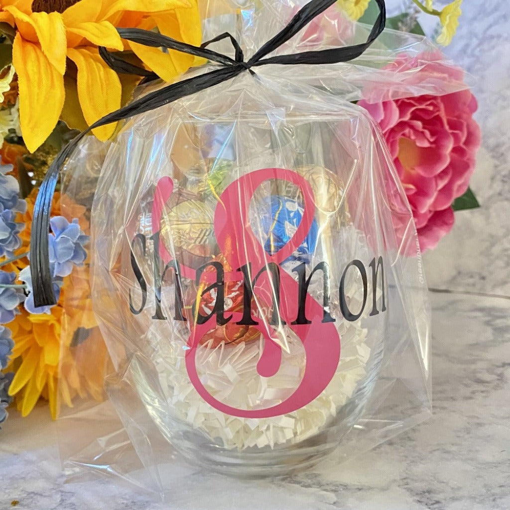 Stemless Wine Glass Personalized with Initial/Name and Lindor Chocolates
