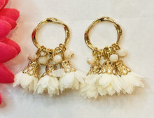 Load image into Gallery viewer, Sweet Gold Hoop Tassel Post Earrings Cream
