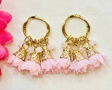 Load image into Gallery viewer, Sweet Gold Hoop Tassel Post Earrings Light Pink
