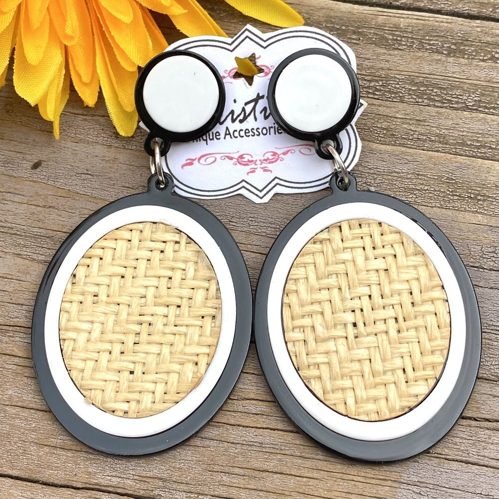Black & White Tan Wicker Post Earrings