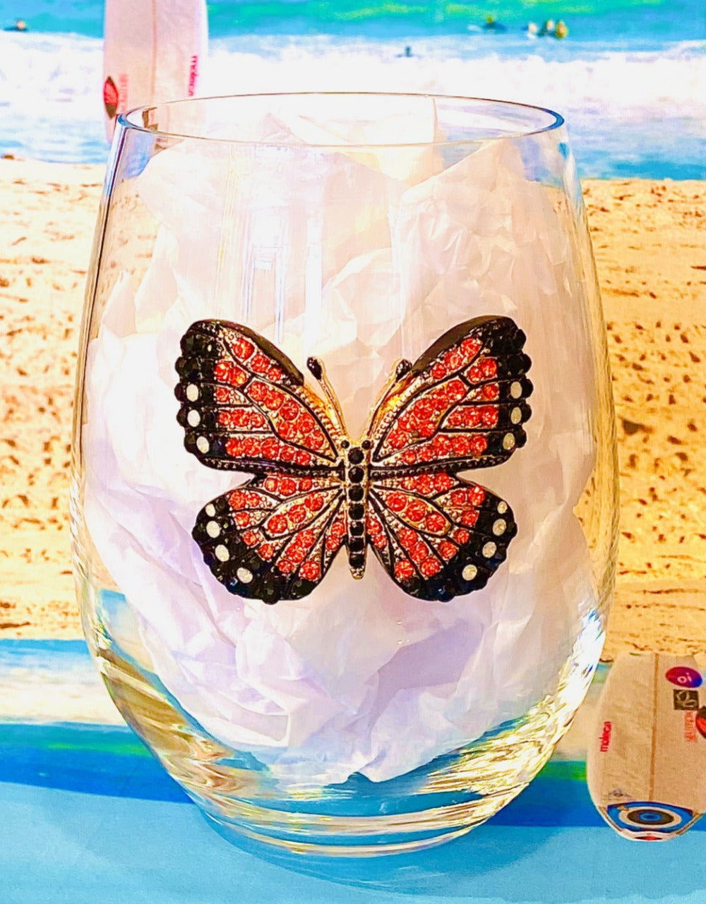 Monarch Butterfly Jeweled Stemless Wine Glass