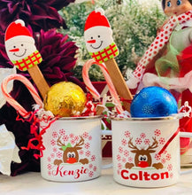 Load image into Gallery viewer, Personalized Reindeer Hot Cocoa Mug for Kids with Hot Cocoa Bomb, Snowman Spatula &amp; Candy Cane
