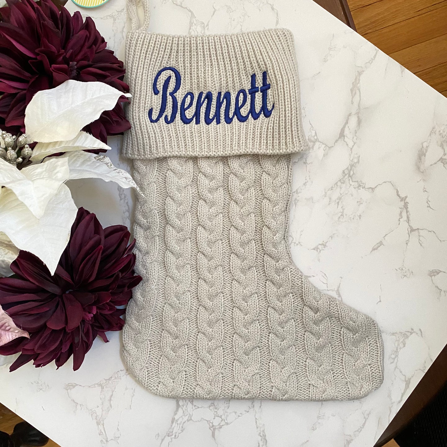 Grey Cable Knit Stocking Persoanlized