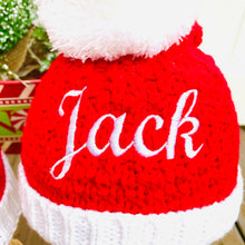 Load image into Gallery viewer, Christmas Knitted Santa Hat/Beanie with Pom Pom Ball Personalized for Kids (5 and Under)

